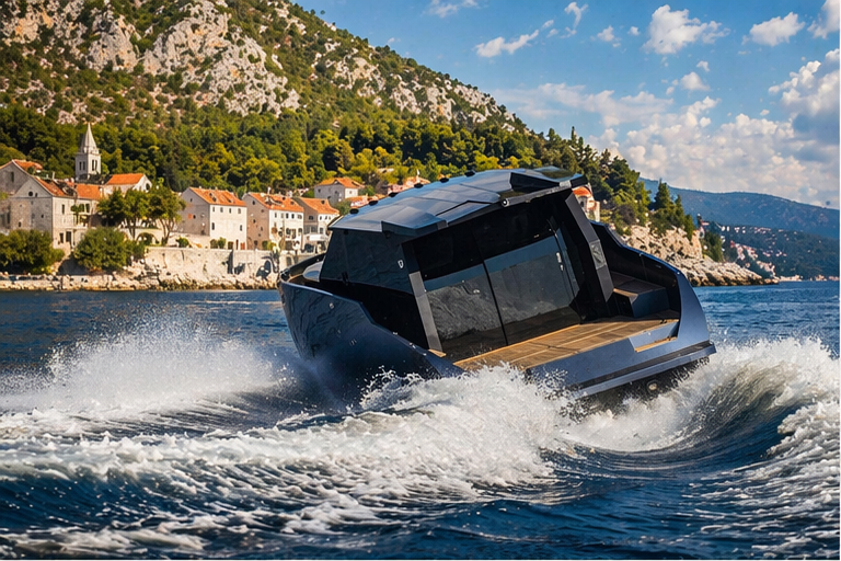Stern-quarter view of AP Yachts tender near the coast